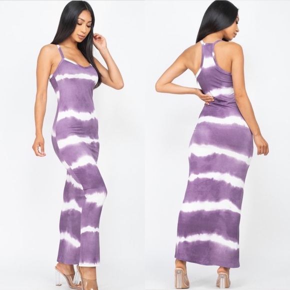 NEW ARRIVAL WOMEN MUSTARD YELLOW STRIPE TIE DYE RACERBACK TANK TOP MAXI DRESS - Picture 3 of 9